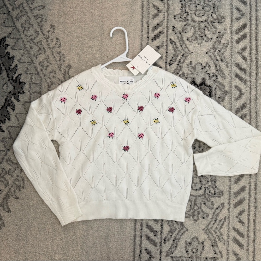 Willow & Wind Embroidered Pointelle Knit Sweater - White with Floral
